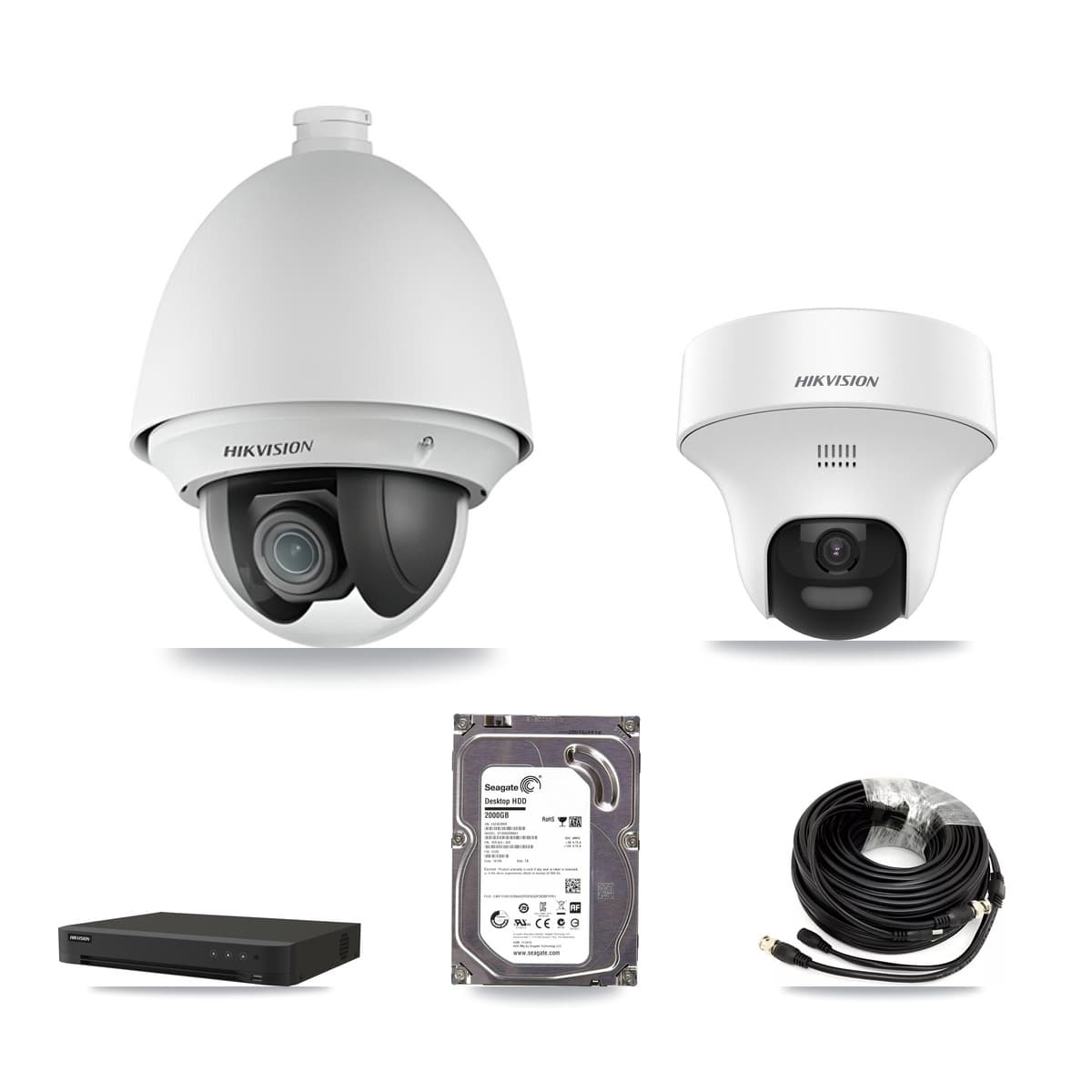 Hikvision 16-Channel 2MP – 5MP CCTV Kit — 1 DS-2AE4225T 2MP PTZ + 1 DS-2CE70K0T 5MP Turret Cameras + 2TB Recording (IDS-7216HQHI Recorder)