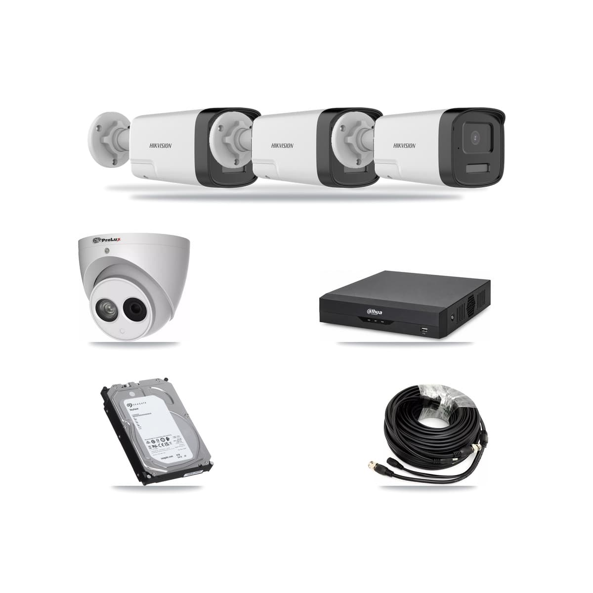 4-Channel 4MP – 5MP CCTV Kit — 3 DS-2CE17K0T 5MP Bullet + 1 PXC-612C4W-A 4MP Turret Cameras + 6TB Recording (DH-XVR5104HS Recorder) - Image 1