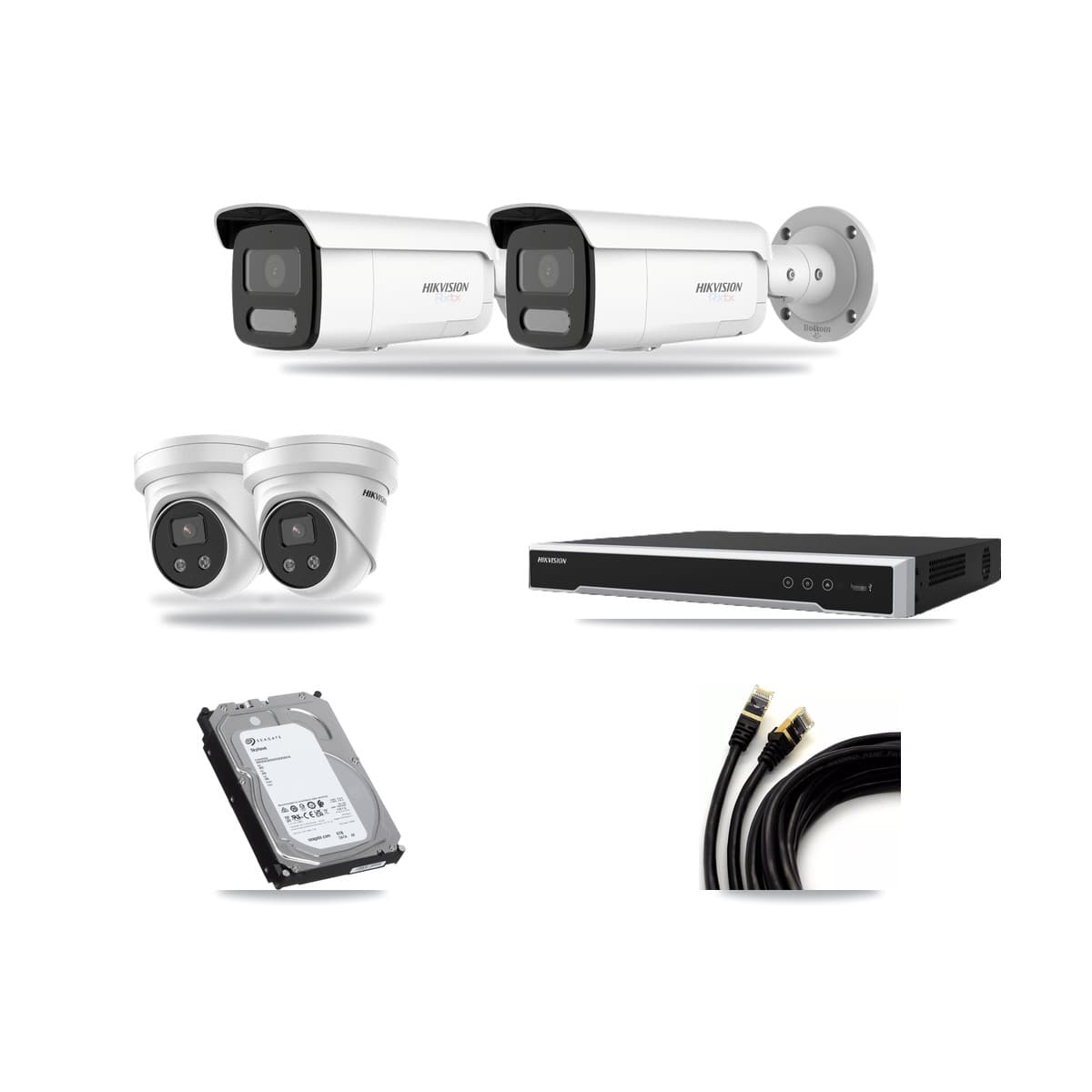 Hikvision 8-Channel 5MP – 4K CCTV Kit — 2 White 4K Bullet + 2 5MP Turret Cameras + 6TB Recording (DS-7608NI-M2 Recorder) - Image 1