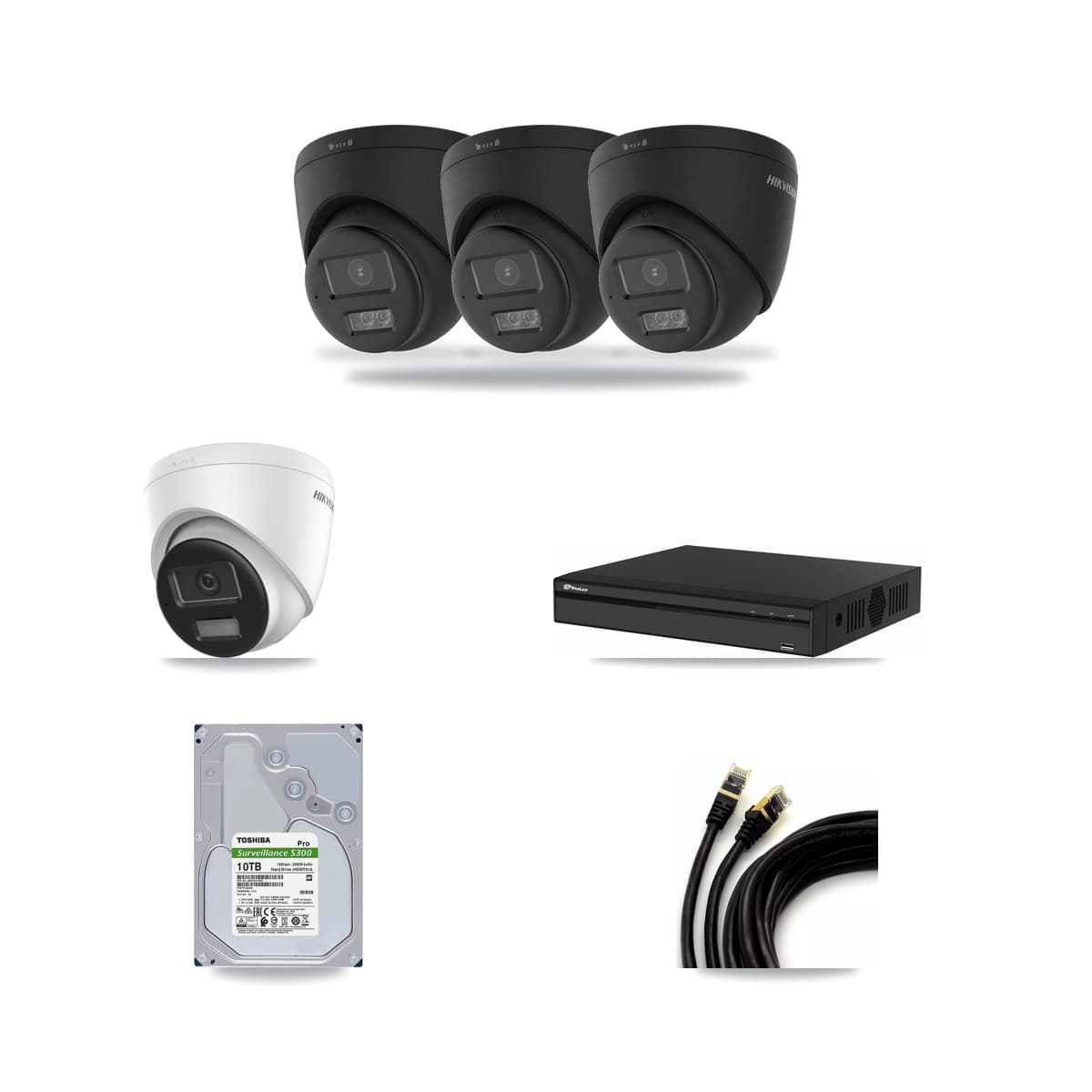 Hikvision & Prolux 4-Channel 4K CCTV Kit — 1 DS-2CD1383G2 + 3 Black DS-2CD1383G2 Turret Cameras + 10TB Recording - Image 1