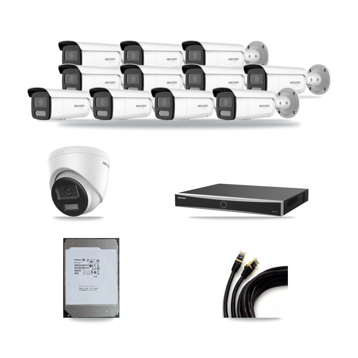 Hikvision 16-Channel 4K CCTV Kit — 1 DS-2CD1383G2-LIUF/SL Turret + 11 White DS-2CD2T87G2H-LISU/SL-2.8MM-W Bullet Cameras + 14TB Recording (DS-7616NXI-K2/16P(E) Recorder) - Image 1