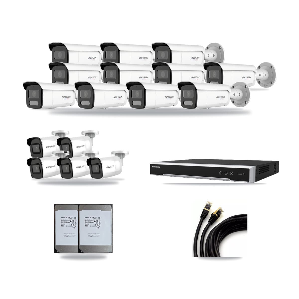 Hikvision 16-Channel 4K CCTV Kit — 5 DS-2CD2085G1 + 11 White DS-2CD2T87G2H Bullet Cameras + 2× 14TB Recording (DS-7616NI-M2 Recorder) - Image 1