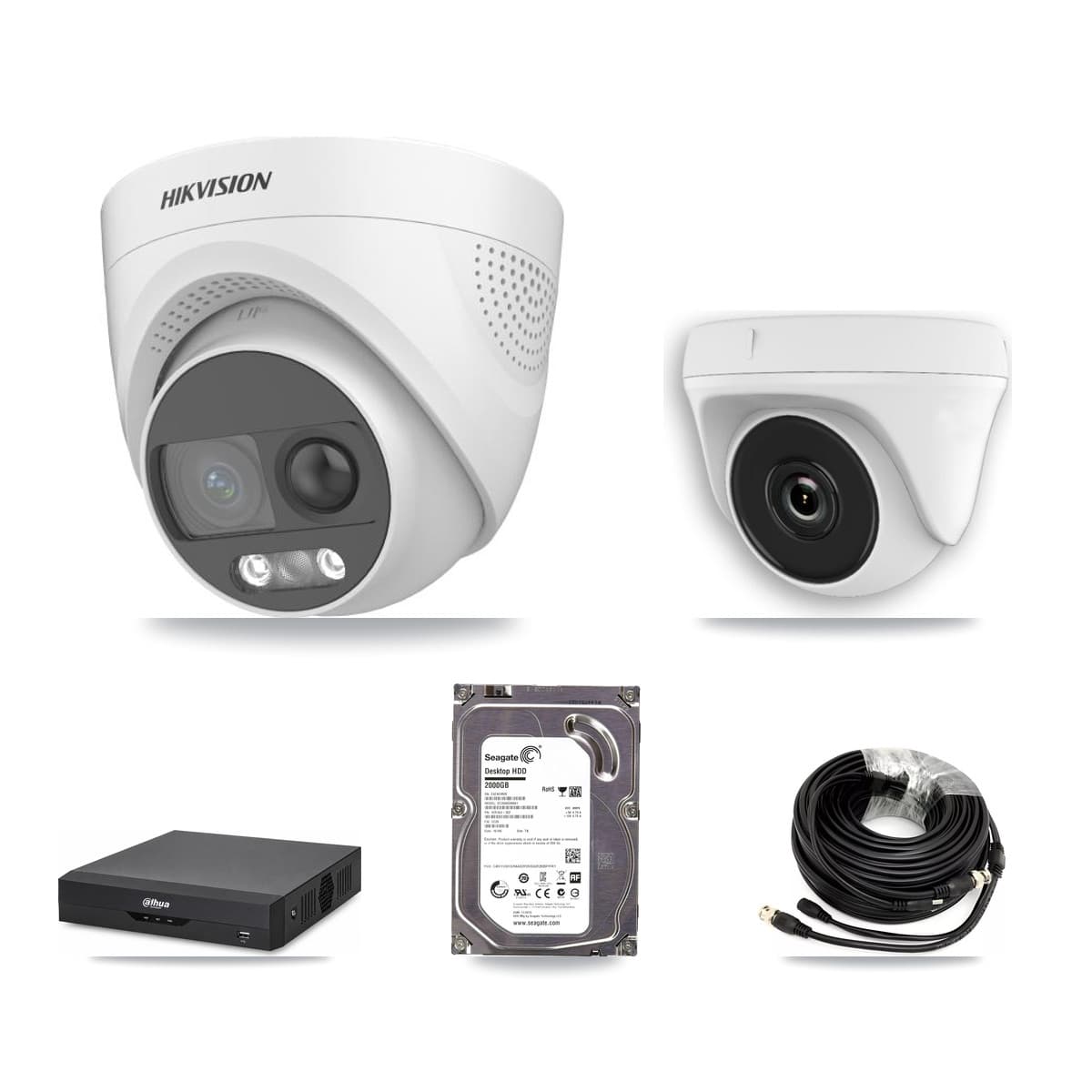 Hikvision & Dahua 4-Channel 2MP – 5MP CCTV Kit — 1 DS-2CE72KF3T 5MP Turret + 1 White HDT-2MP-N20W 2MP Dome Cameras + 2TB Recording
