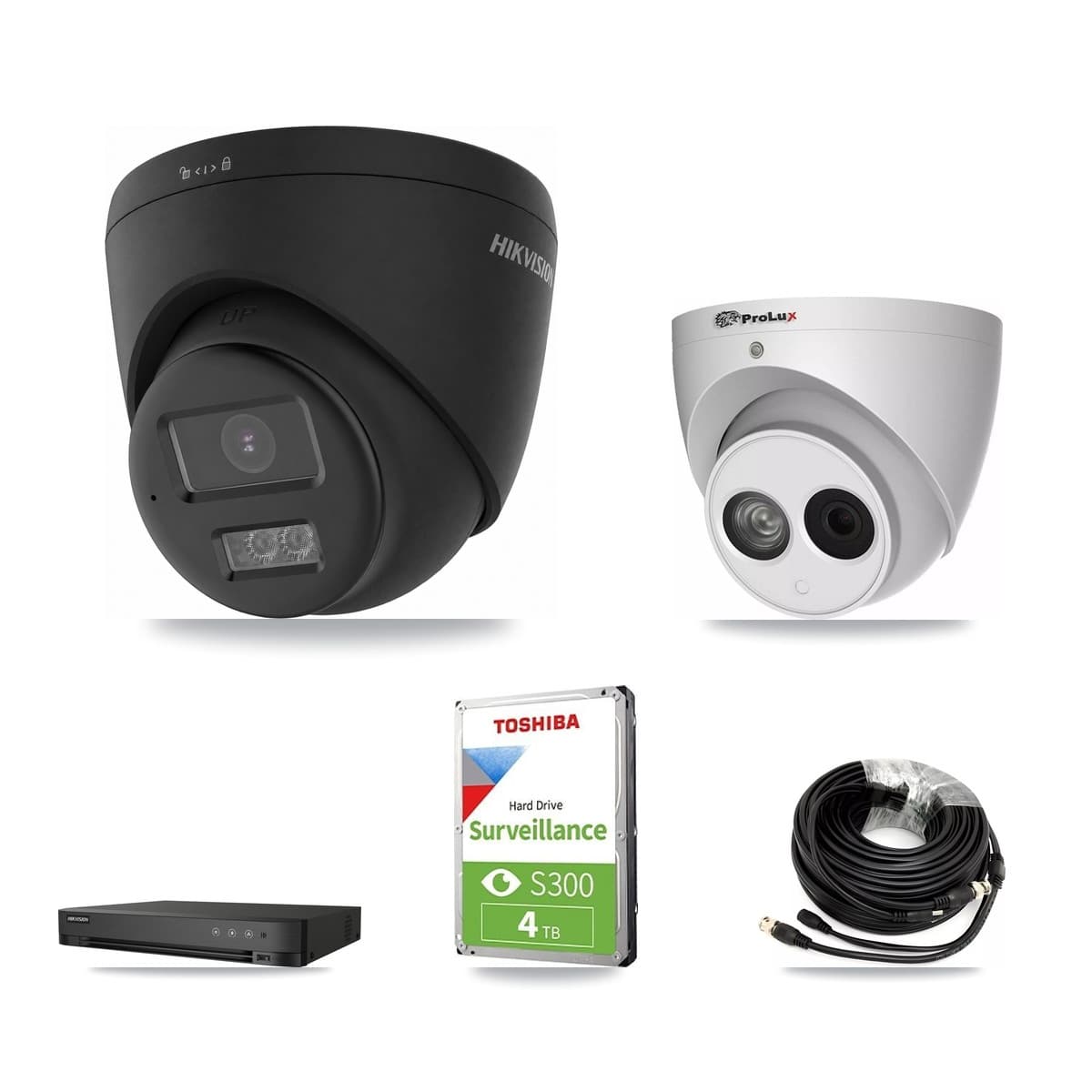 Hikvision & Prolux 4-Channel 4MP – 4K CCTV Kit — 1 Black 4K + 1 4MP Turret Cameras + 4TB Recording (DS-7204HUHI Recorder) - Image 1