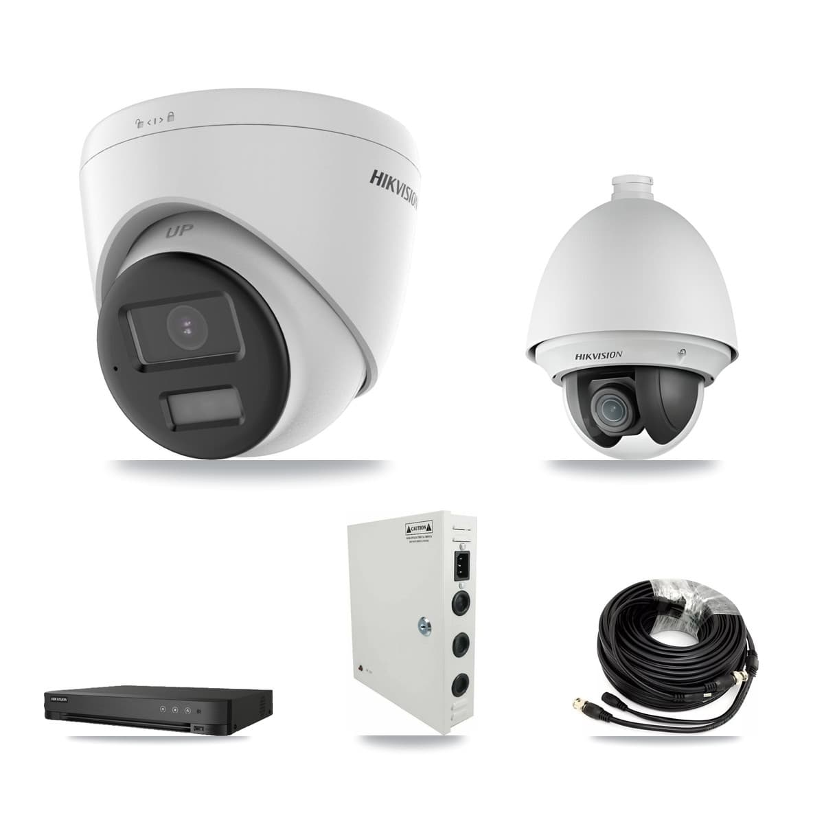 Hikvision 8-Channel 2MP – 4K CCTV Kit — 1 DS-2AE4225T-A 2MP PTZ + 3 DS-2CE78U0T-LPTS 4K Turret Cameras + 8TB Recording (IDS-7208HUHI-M1/E Recorder)