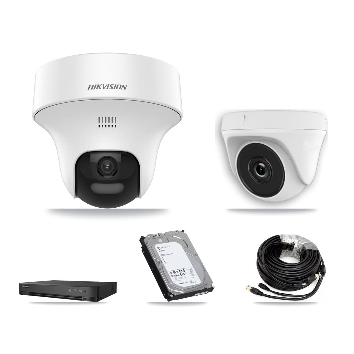 Hikvision 4-Channel 2MP – 5MP CCTV Kit — 3 DS-2CE70K0T 5MP Turret + 1 White HDT-2MP-N20W 2MP Dome Cameras + 6TB Recording (IDS-7204HUHI Recorder)