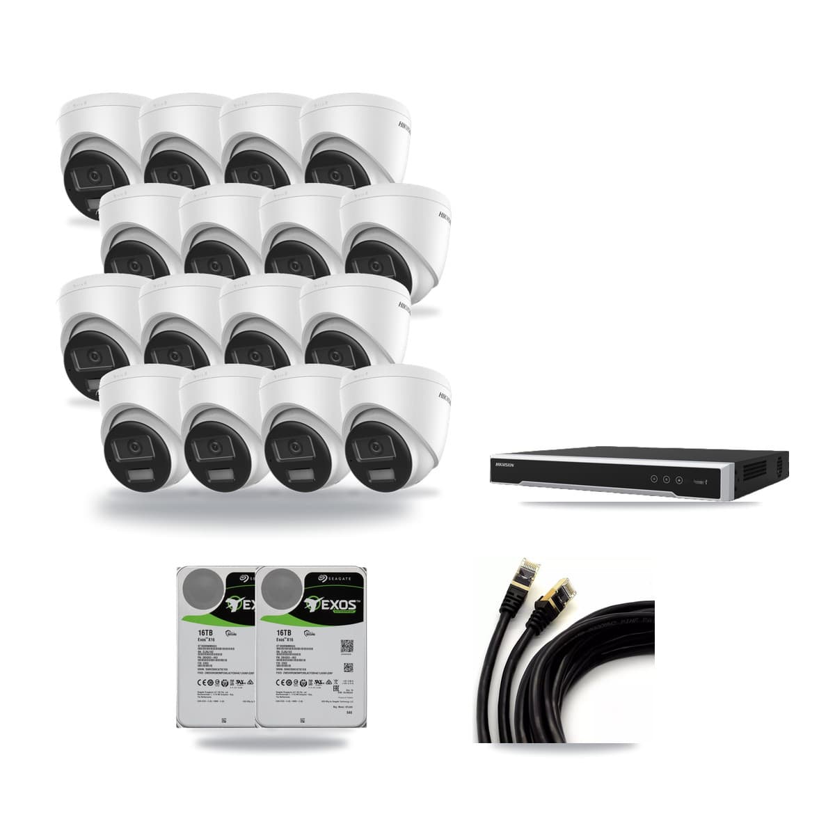 Hikvision 16-Channel 4K CCTV Kit — 16 DS-2CD1383G2-LIUF/SL Turret Cameras + 2× 16TB Recording (DS-7616NI-M2/16P Recorder) - Image 1