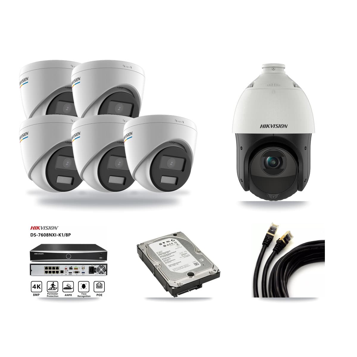 Hikvision 8-Channel 2MP – 4MP CCTV Kit — 5 2MP Turret + 1 4MP PTZ Cameras + 5TB Recording - Image 1
