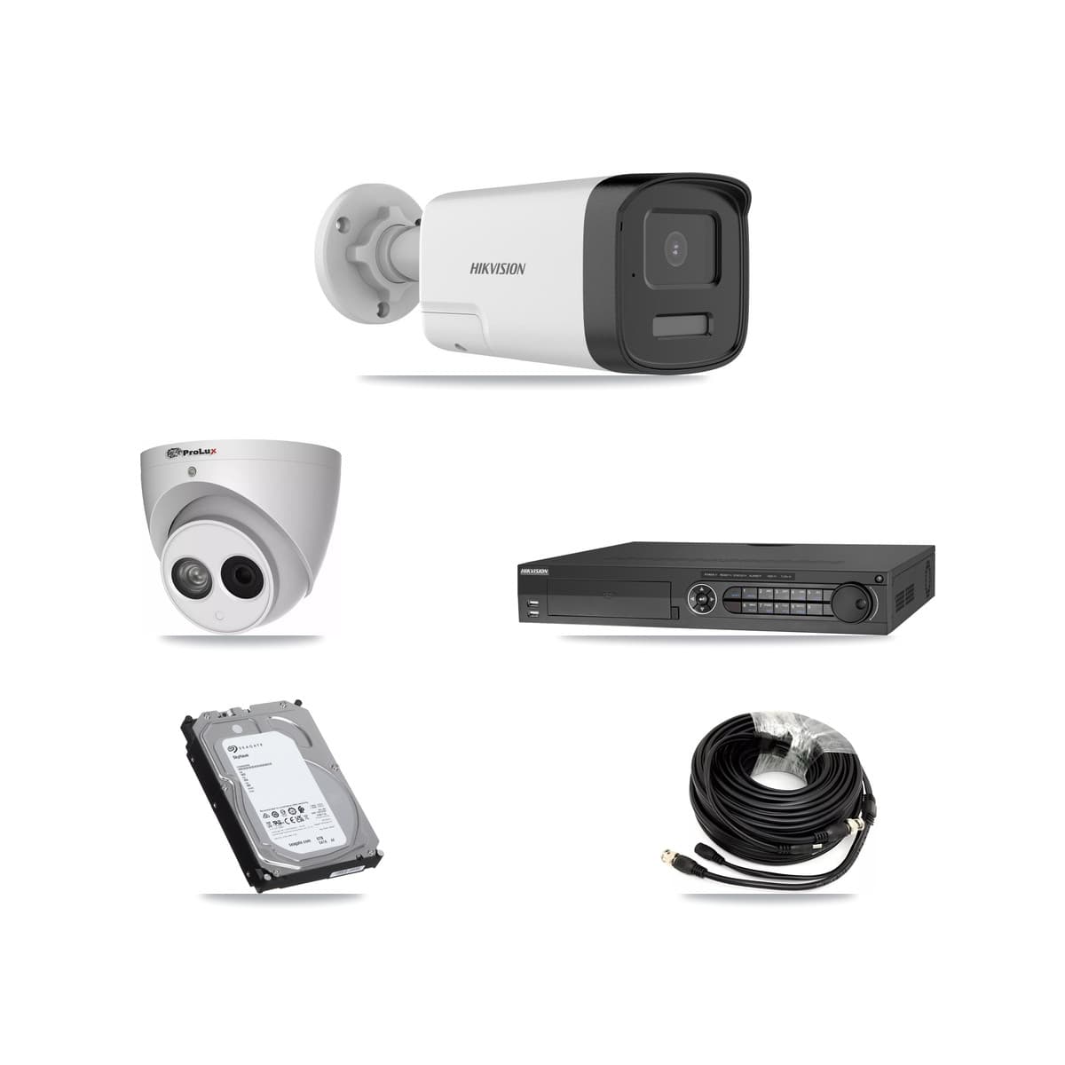 Hikvision & Prolux 32-Channel 4MP – 5MP CCTV Kit — 7 DS-2CE17K0T 5MP Bullet + 1 PXC-612C4W-A 4MP Turret Cameras + 2× 6TB Recording