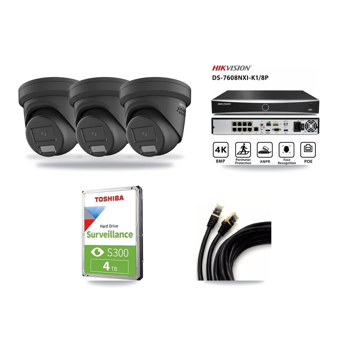 Hikvision 8-Channel 4MP CCTV Kit — 3 Black Turret Cameras + 4TB Recording (DS-7608NXI Recorder) - Image 1