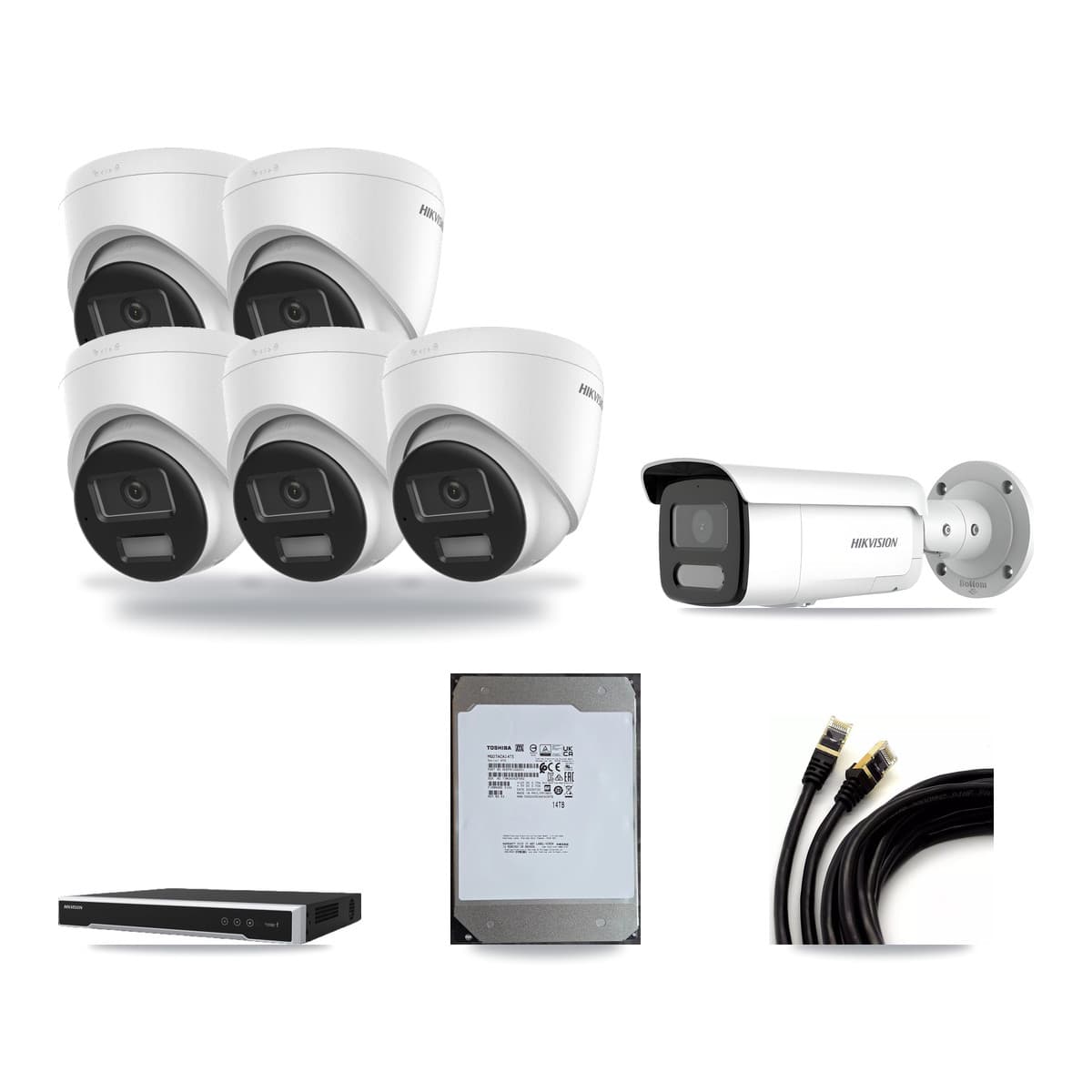 Hikvision 8-Channel 4MP – 4K CCTV Kit — 5 DS-2CD1383G2-LIUF/SL 4K Turret + 1 DS-2CD2T47G2H-LISU/SL 4MP Bullet Cameras + 14TB Recording (DS-7608NI-M2/8P Recorder) - Image 1
