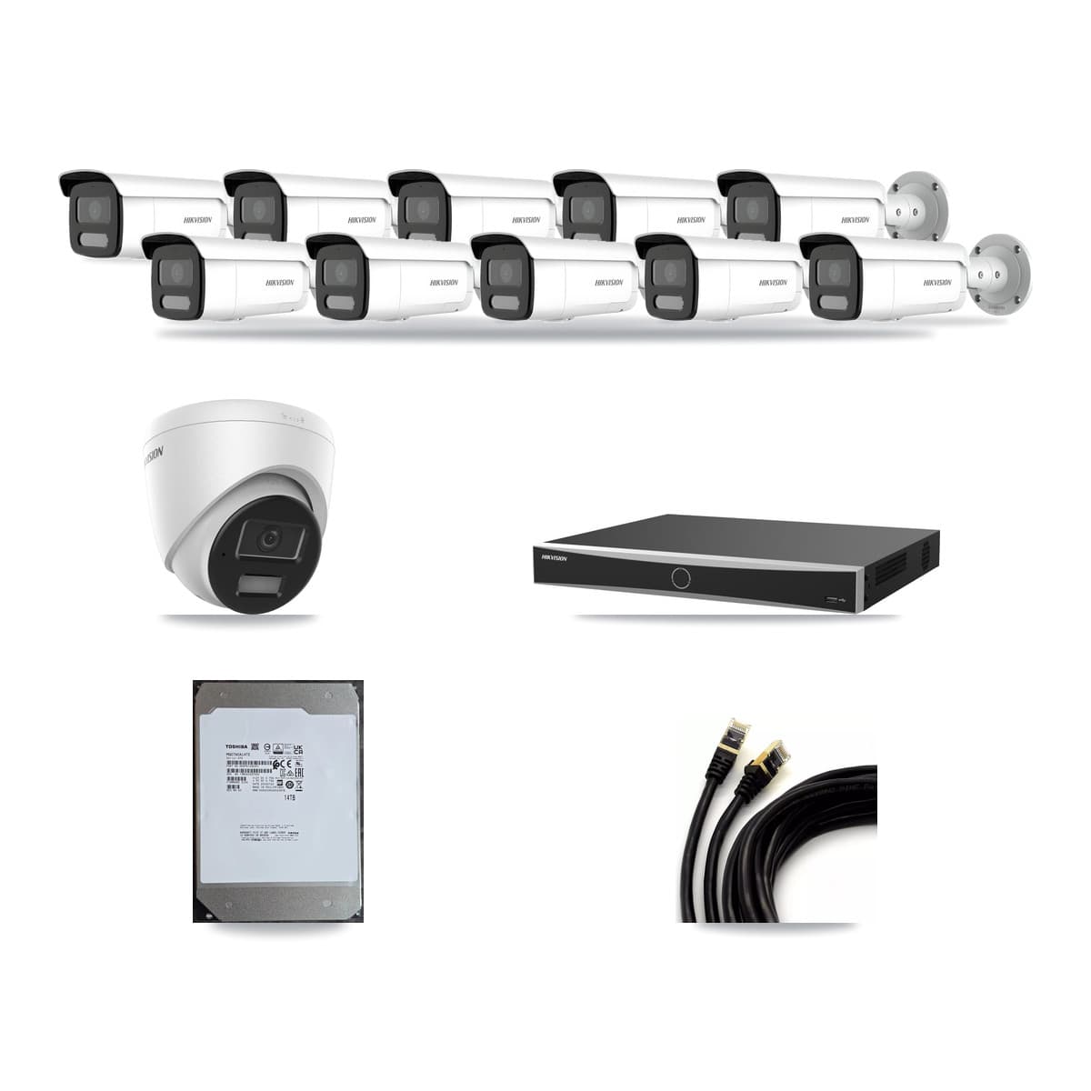 Hikvision 16-Channel 4MP CCTV Kit — 1 DS-2CD1343G2 Turret + 10 DS-2CD2T47G2H Bullet Cameras + 14TB Recording - Image 1