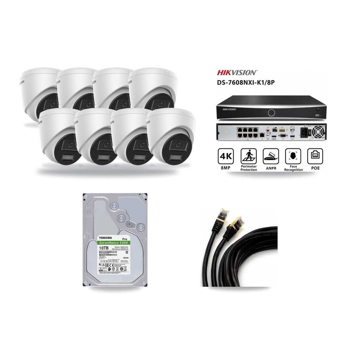 Hikvision 8-Channel 4MP CCTV Kit — 8 DS-2CD1343G2 Turret Cameras + 10TB Recording (DS-7608NXI Recorder) - Image 1