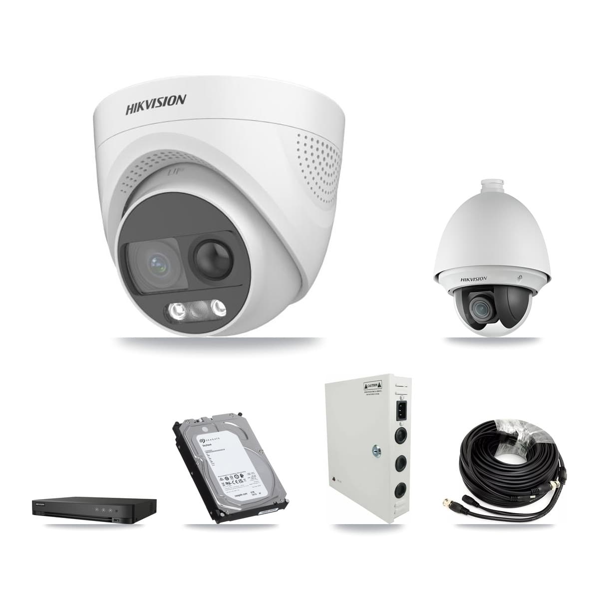 Hikvision 4-Channel 2MP – 5MP CCTV Kit — 1 DS-2AE4225T 2MP PTZ + 3 DS-2CE72KF3T 5MP Turret Cameras + 6TB Recording (IDS-7204HQHI Recorder)