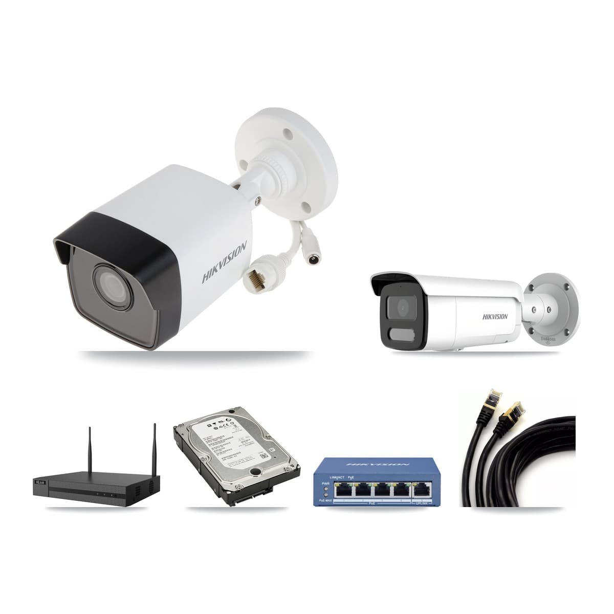 Hikvision & HiLook 4-Channel 4MP – 5MP CCTV Kit — 2 5MP + 2 4MP Bullet Cameras + 5TB Recording