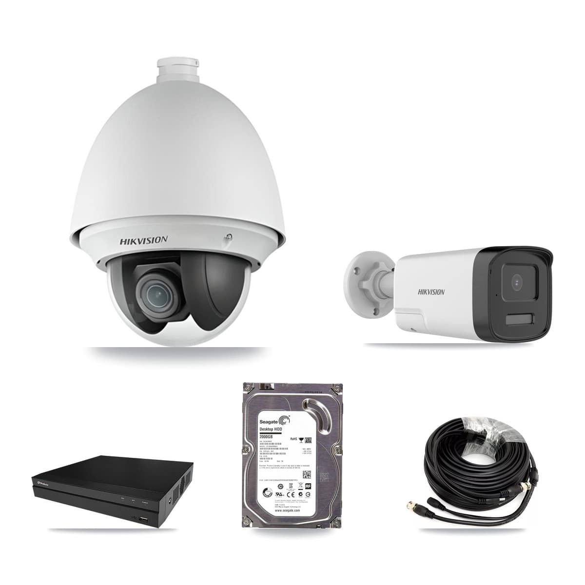 Hikvision & Prolux 8-Channel 2MP – 5MP CCTV Kit — 1 DS-2AE4225T 2MP PTZ + 1 DS-2CE17K0T 5MP Bullet Cameras + 2TB Recording (PXD-5208AN Recorder)