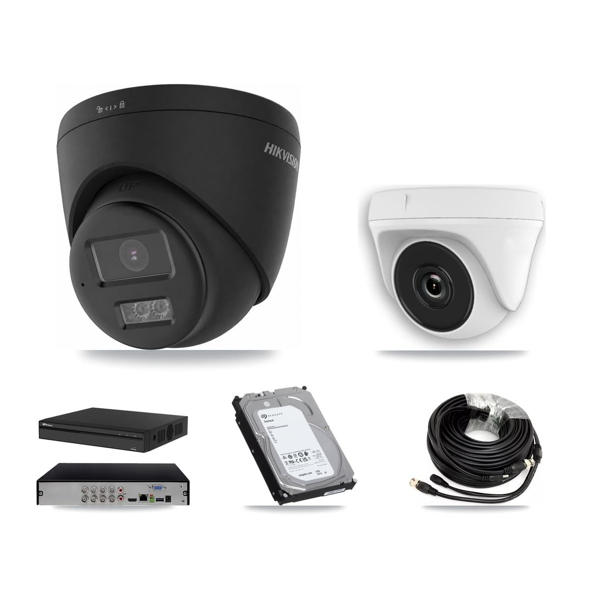Hikvision & Prolux 8-Channel 2MP – 4K CCTV Kit — 2 Black 4K Turret + 2 White 2MP Dome Cameras + 6TB Recording (PXD-5108HS Recorder)