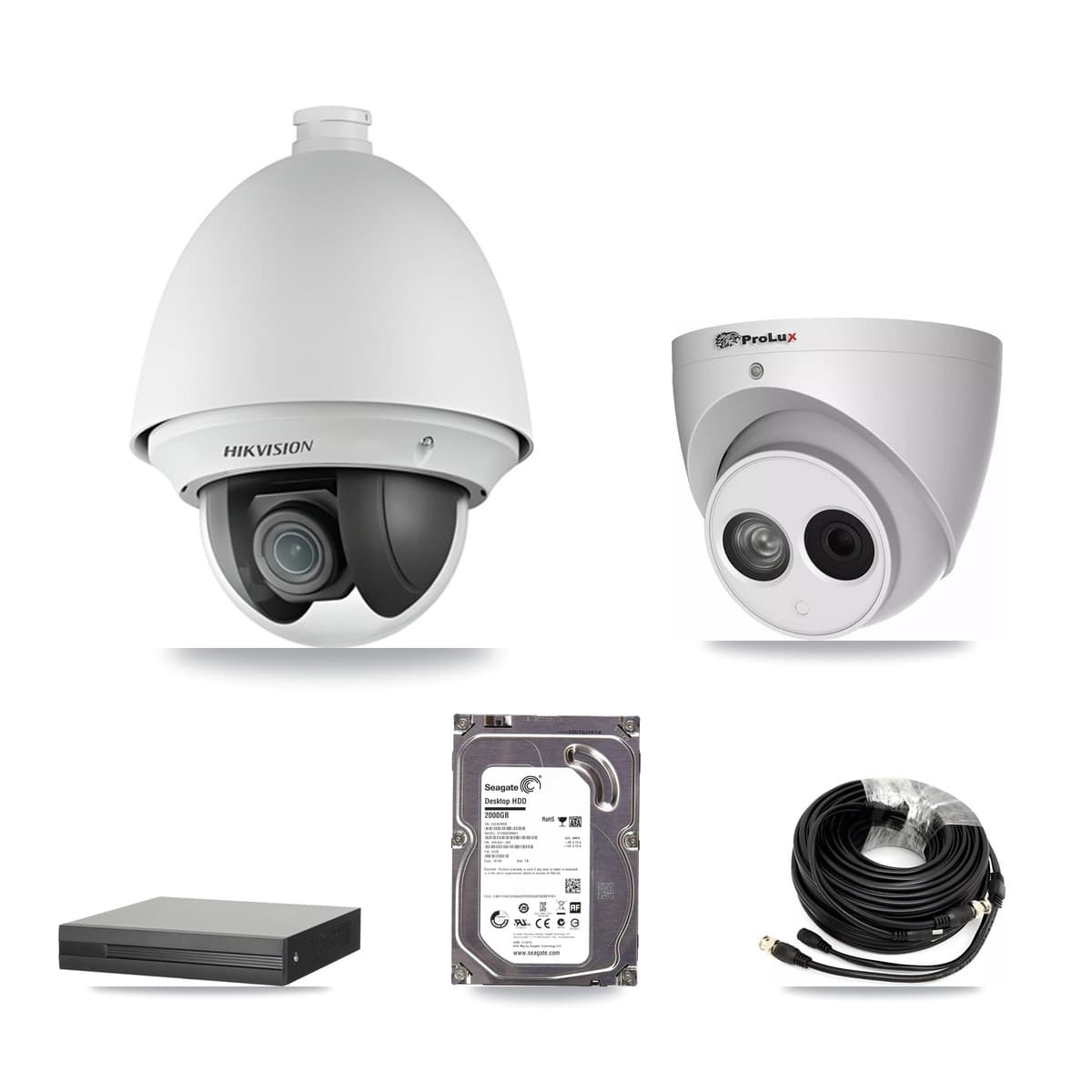 Hikvision & Prolux 4-Channel 2MP – 4MP CCTV Kit — 1 DS-2AE4225T 2MP PTZ + 1 PXC-612C4W-A 4MP Turret Cameras + 2TB Recording (XVR-3104HS Recorder)