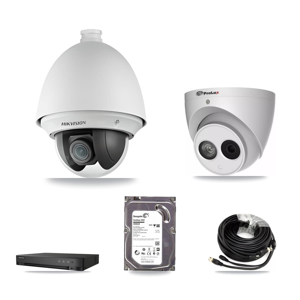 Hikvision & Prolux 4-Channel 2MP – 4MP CCTV Kit — 1 DS-2AE4225T 2MP PTZ + 1 PXC-612C4W-A 4MP Turret Cameras + 2TB Recording (IDS-7204HUHI Recorder)
