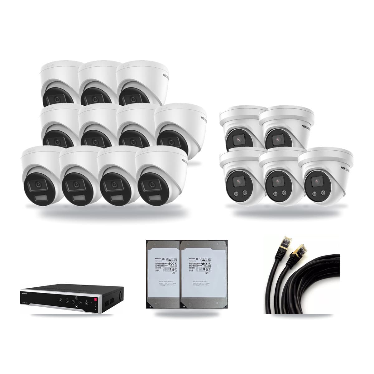 Hikvision 32-Channel 5MP – 4K CCTV Kit — 11 DS-2CD1383G2-LIU 4K + 5 DS-2CD3356G2-ISU 5MP Turret Cameras + 2× 14TB Recording (DS-7732NI-M4/24P Recorder) - Image 1
