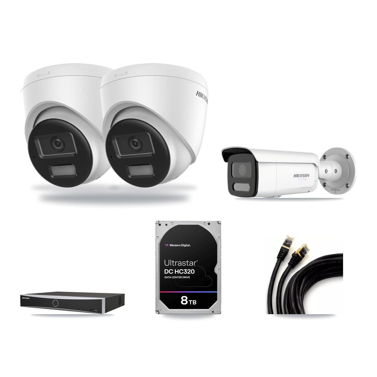 Hikvision 4-Channel 4K CCTV Kit — 2 DS-2CD1383G2-LIU Turret + 1 White DS-2CD2T87G2H-LISU/SL-2.8MM-W Bullet Cameras + 8TB Recording (DS-7604NXI-K1/4P Recorder) - Image 1