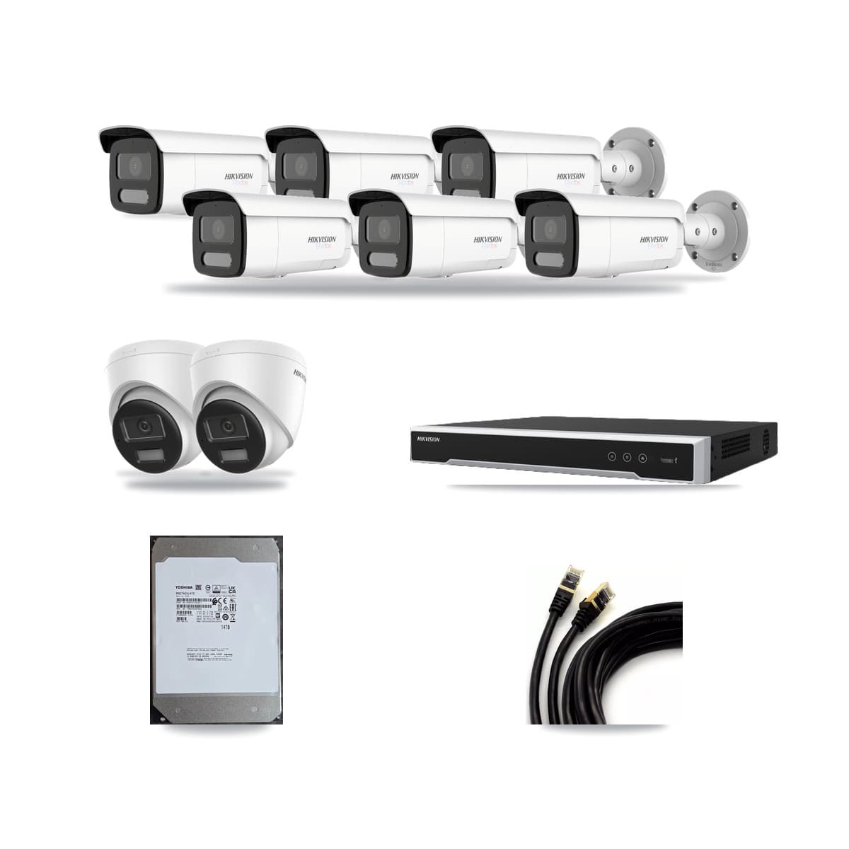 Hikvision 16-Channel 4K CCTV Kit — 2 DS-2CD1383G2-LIUF/SL Turret + 6 White DS-2CD2T87G2H-LISU/SL-2.8MM-W Bullet Cameras + 14TB Recording (DS-7616NI-M2/16P Recorder) - Image 1