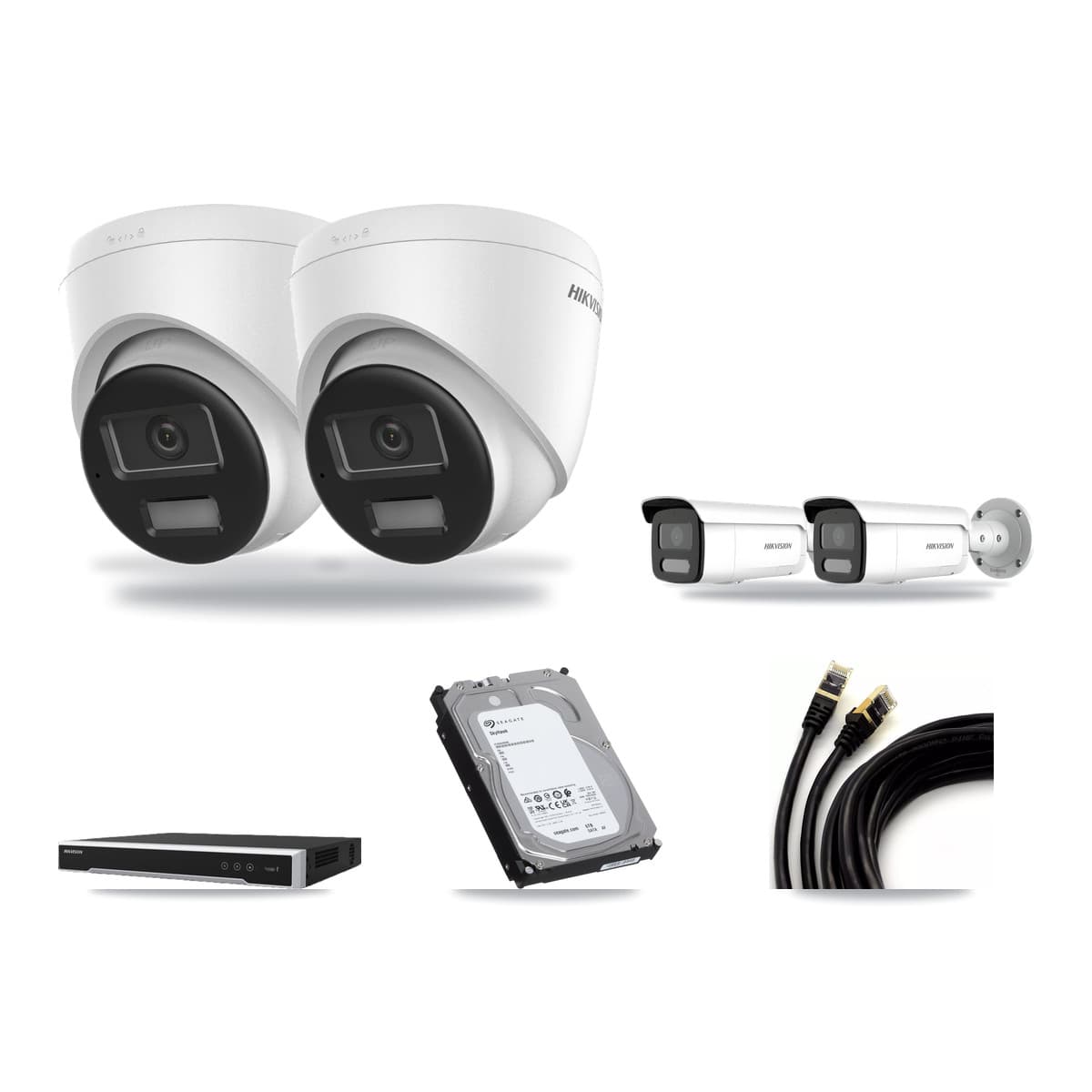 Hikvision 8-Channel 4MP – 4K CCTV Kit — 2 DS-2CD1383G2-LIUF/SL 4K Turret + 2 DS-2CD2T47G2H-LISU/SL 4MP Bullet Cameras + 6TB Recording (DS-7608NI-M2/8P Recorder) - Image 1