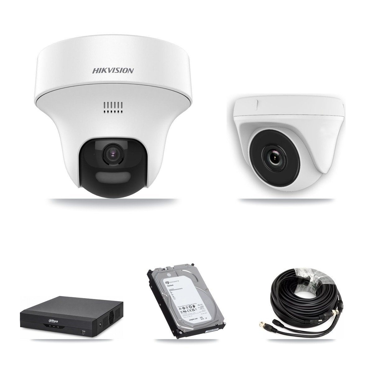Dahua DH-XVR5104HS-4KL-I2 4-Channel DVR CCTV Kit — 3× Hikvision DS-2CE70K0T-PTLTS 5MP Turret + 1× HDT-2MP-N20W-2.8MM White 2MP Dome Cameras + 6TB HDD