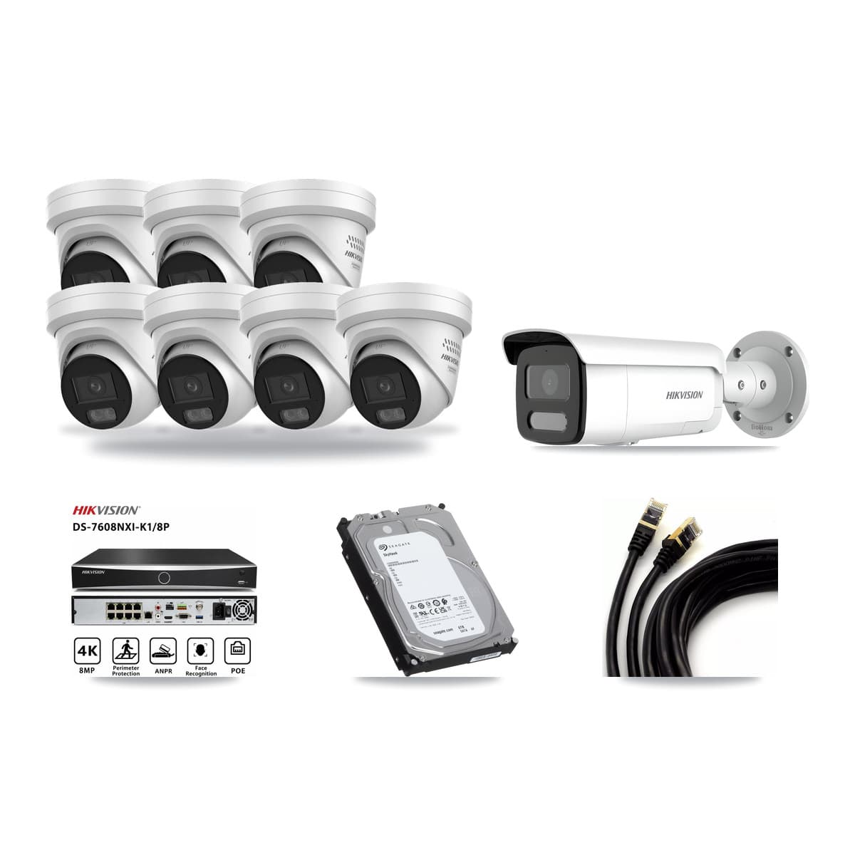 Hikvision 8-Channel 4MP CCTV Kit — 7 DS-2CD2347G3 Turret + 1 DS-2CD2T47G2H Bullet Cameras + 6TB Recording - Image 1