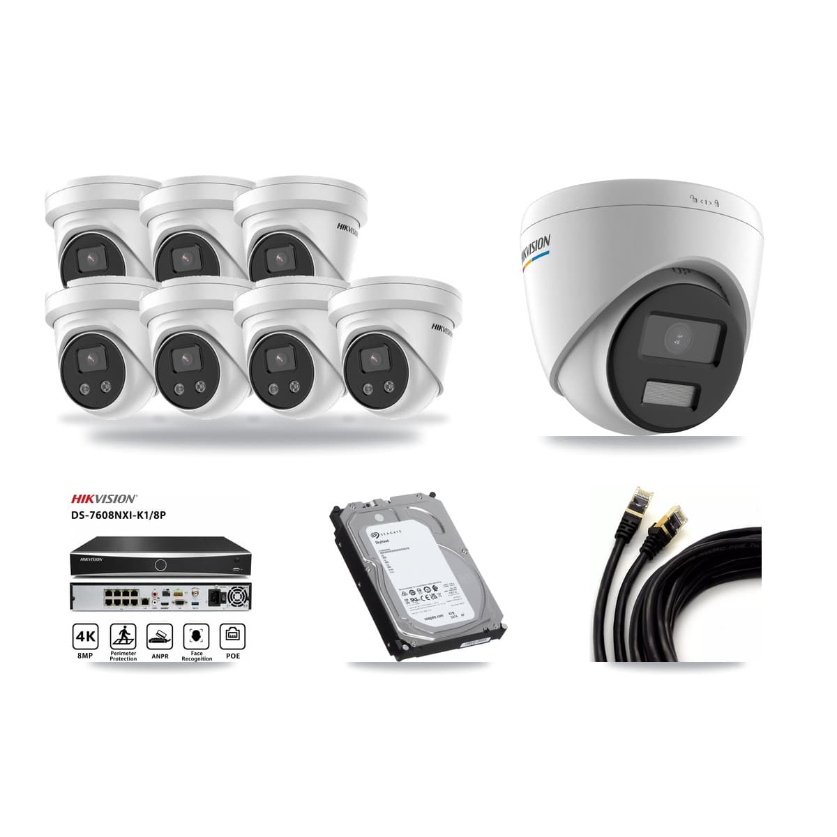 Hikvision 8-Channel 2MP – 5MP CCTV Kit — 1 2MP + 7 5MP Turret Cameras + 6TB Recording (DS-7608NXI Recorder) - Image 1