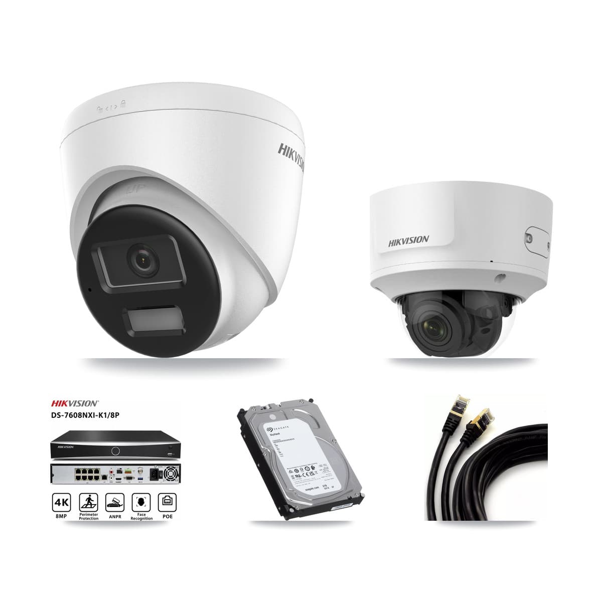 Hikvision 8-Channel 2MP – 4K CCTV Kit — 2 4K Turret + 1 2MP Dome Cameras + 6TB Recording (DS-7608NXI Recorder)