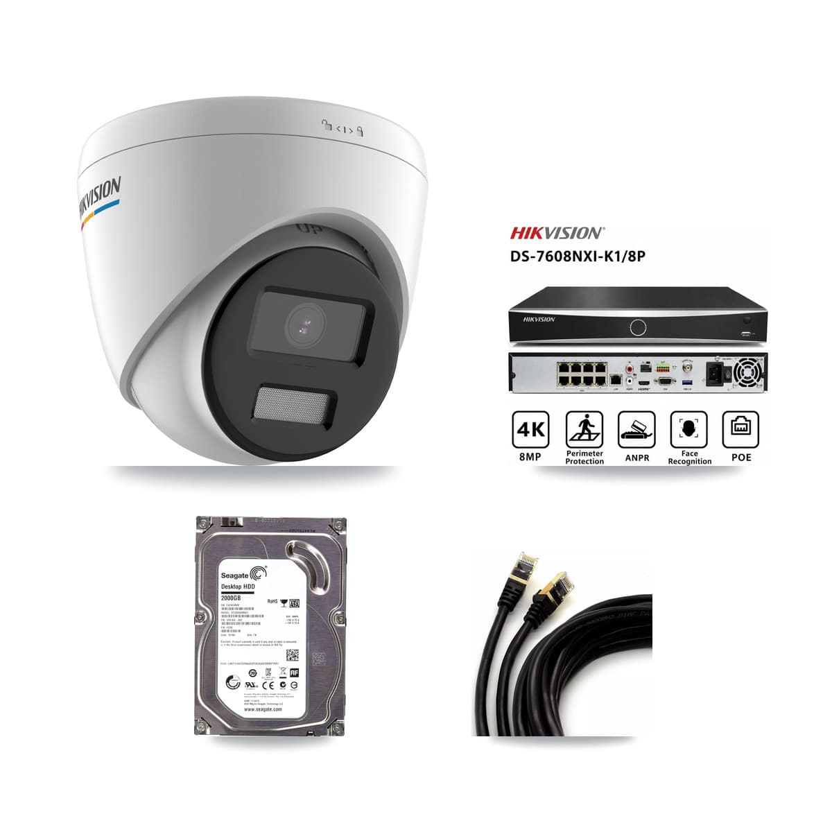 Hikvision 8-Channel 2MP CCTV Kit — 3 Turret Cameras + 2TB Recording (DS-7608NXI Recorder)