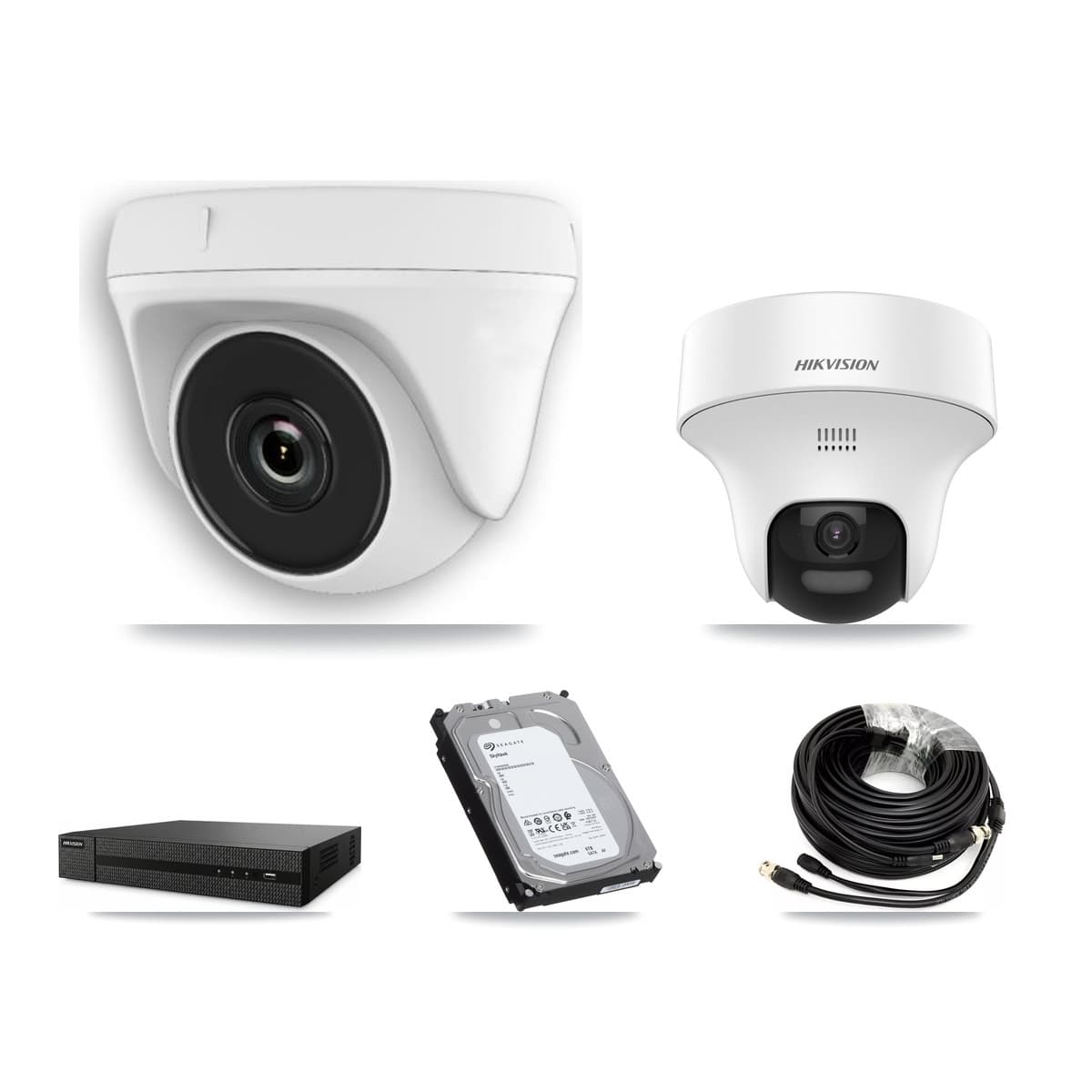 Hikvision 8-Channel 2MP – 5MP CCTV Kit — 1 DS-2CE70K0T 5MP Turret + 7 White HDT-2MP-N20W 2MP Dome Cameras + 6TB Recording (DVR-8CH Recorder)