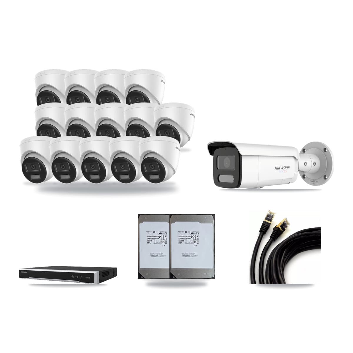 Hikvision 16-Channel 4K CCTV Kit — 14 Turret + 1 White Bullet Cameras + 2× 14TB Recording (DS-7616NI-M2 Recorder) - Image 1