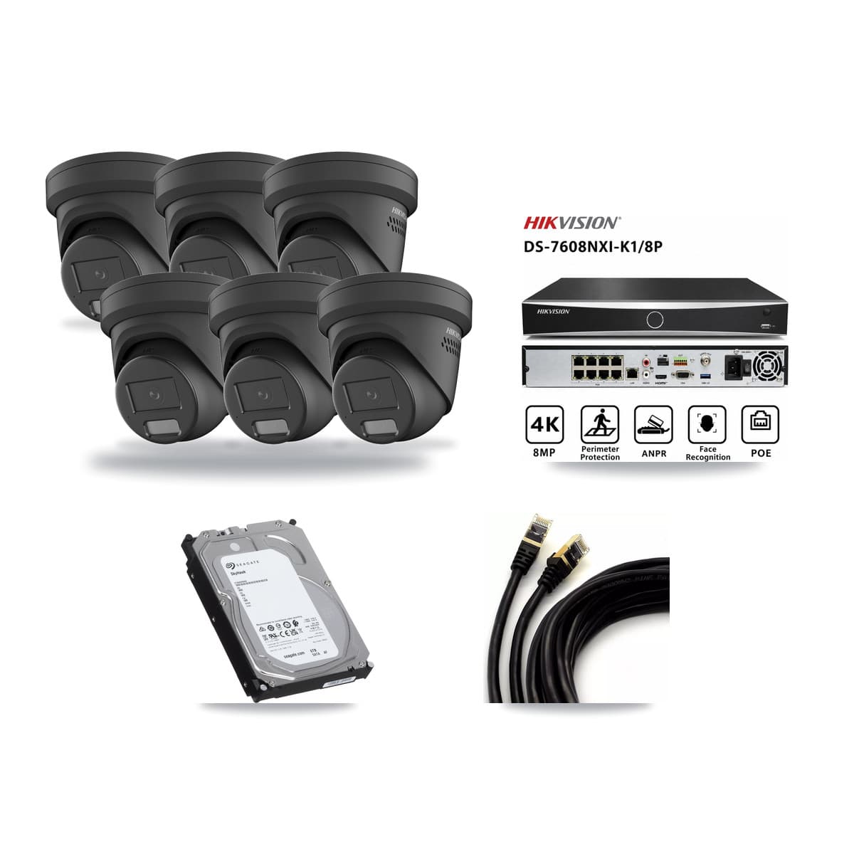 Hikvision 8-Channel 4MP CCTV Kit — 6 Black Turret Cameras + 6TB Recording (DS-7608NXI Recorder) - Image 1