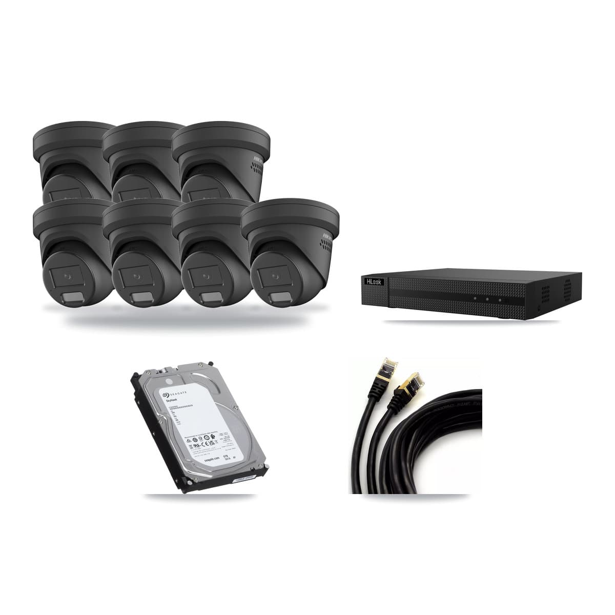Hikvision & HiLook 8-Channel 4MP CCTV Kit — 7 Black Turret Cameras + 6TB Recording (NVR-108MH-D Recorder) - Image 1
