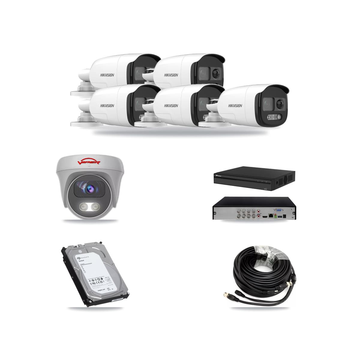8-Channel 5MP CCTV Kit — 5 DS-2CE12KF3T Bullet + 1 White VIPER-5MP-3K Cameras + 6TB Recording (PXD-5108HS Recorder) - Image 1