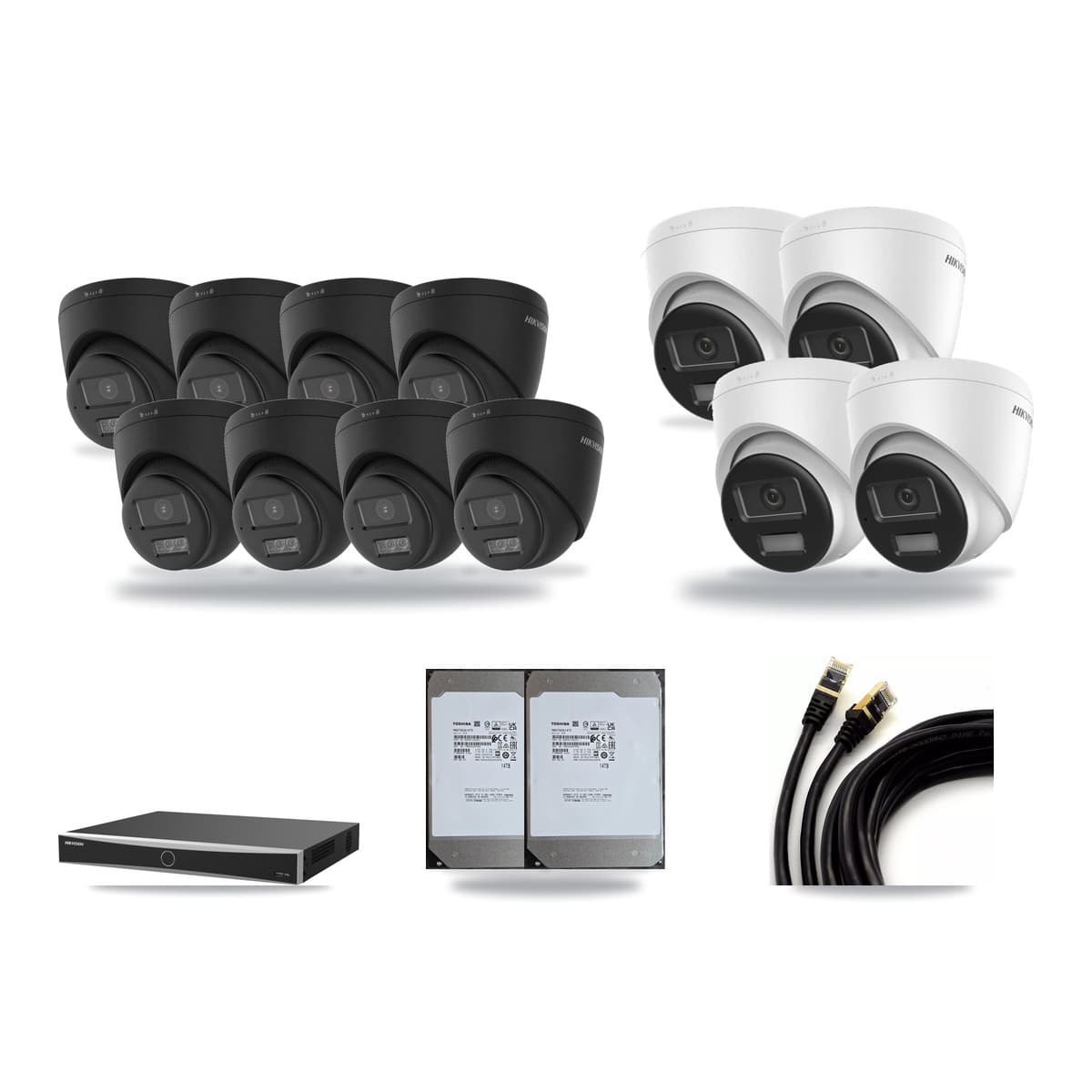 Hikvision 16-Channel 4K CCTV Kit — 4 DS-2CD1383G2 + 8 Black DS-2CD1383G2 Turret Cameras + 2× 14TB Recording - Image 1