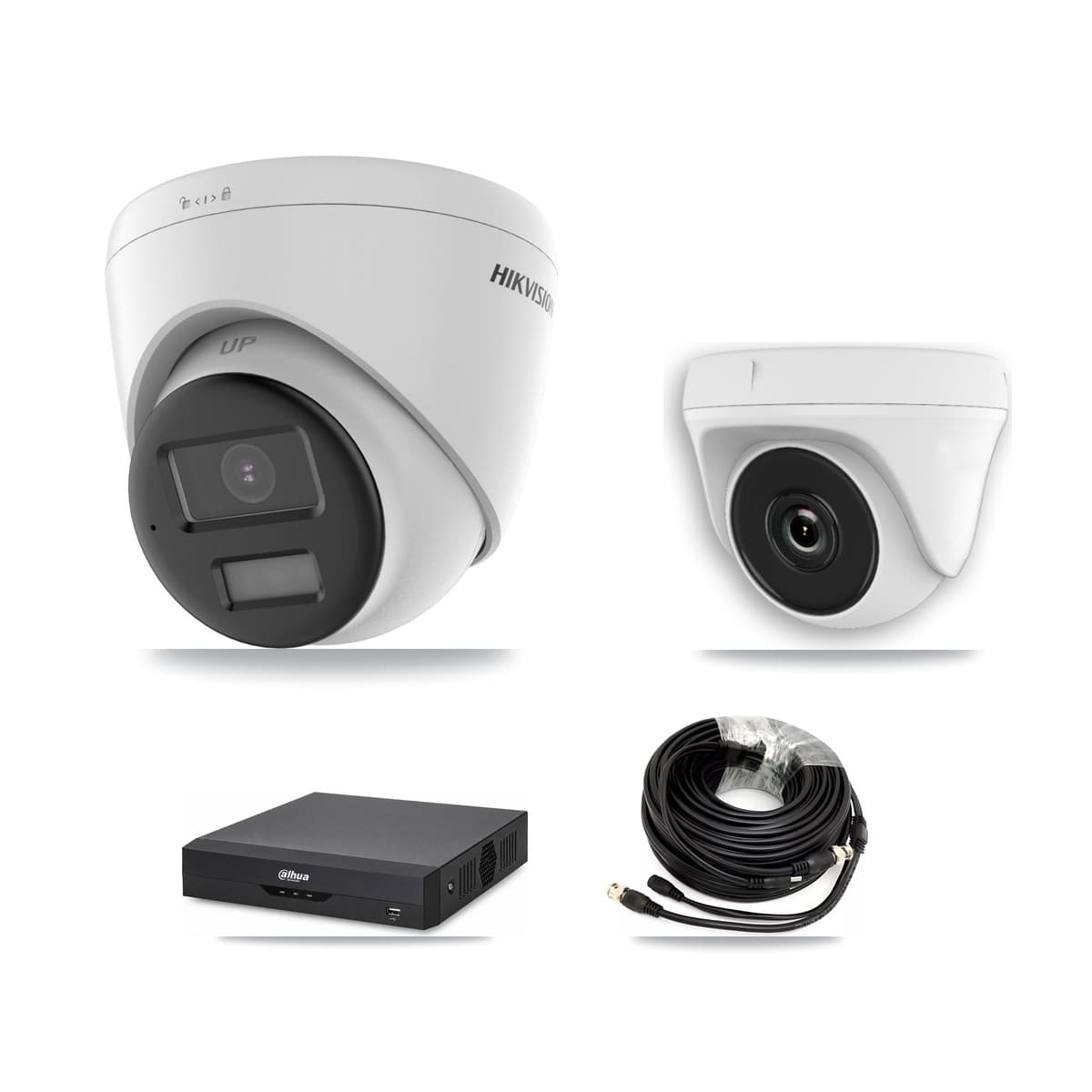 Hikvision & Dahua 4-Channel 2MP – 4K CCTV Kit — 1 4K Turret + 1 White 2MP Dome Cameras + 3TB Recording