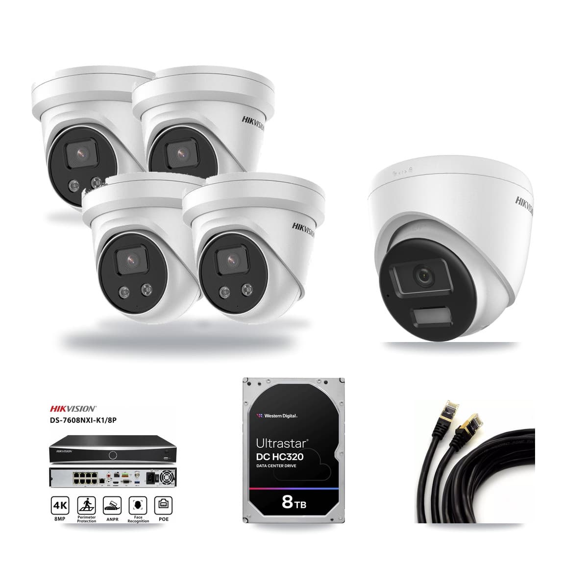 Hikvision 8-Channel 5MP – 4K CCTV Kit — 1 DS-2CD1383G2-LIUF/SL 4K + 4 DS-2CD3356G2-ISU 5MP Turret Cameras + 8TB Recording (DS-7608NXI-K1/8P Recorder) - Image 1