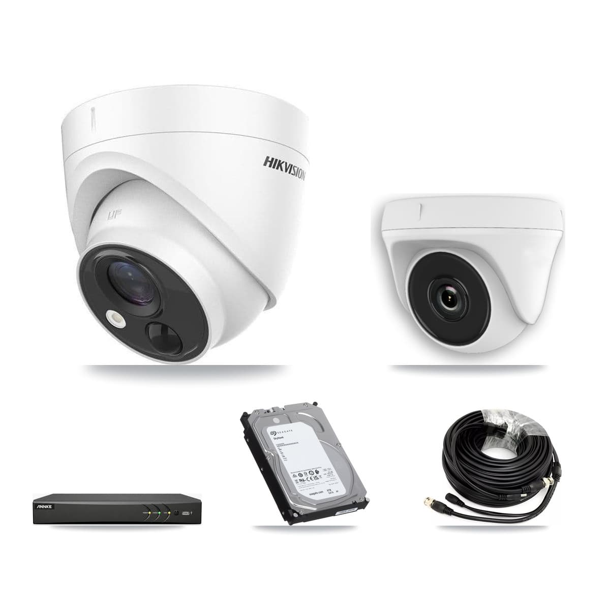 Hikvision & ANNKE 4-Channel 2MP – 5MP CCTV Kit — 2 DS-2CE71H0T 5MP Turret + 2 White HDT-2MP-N20W 2MP Dome Cameras + 6TB Recording - Image 1