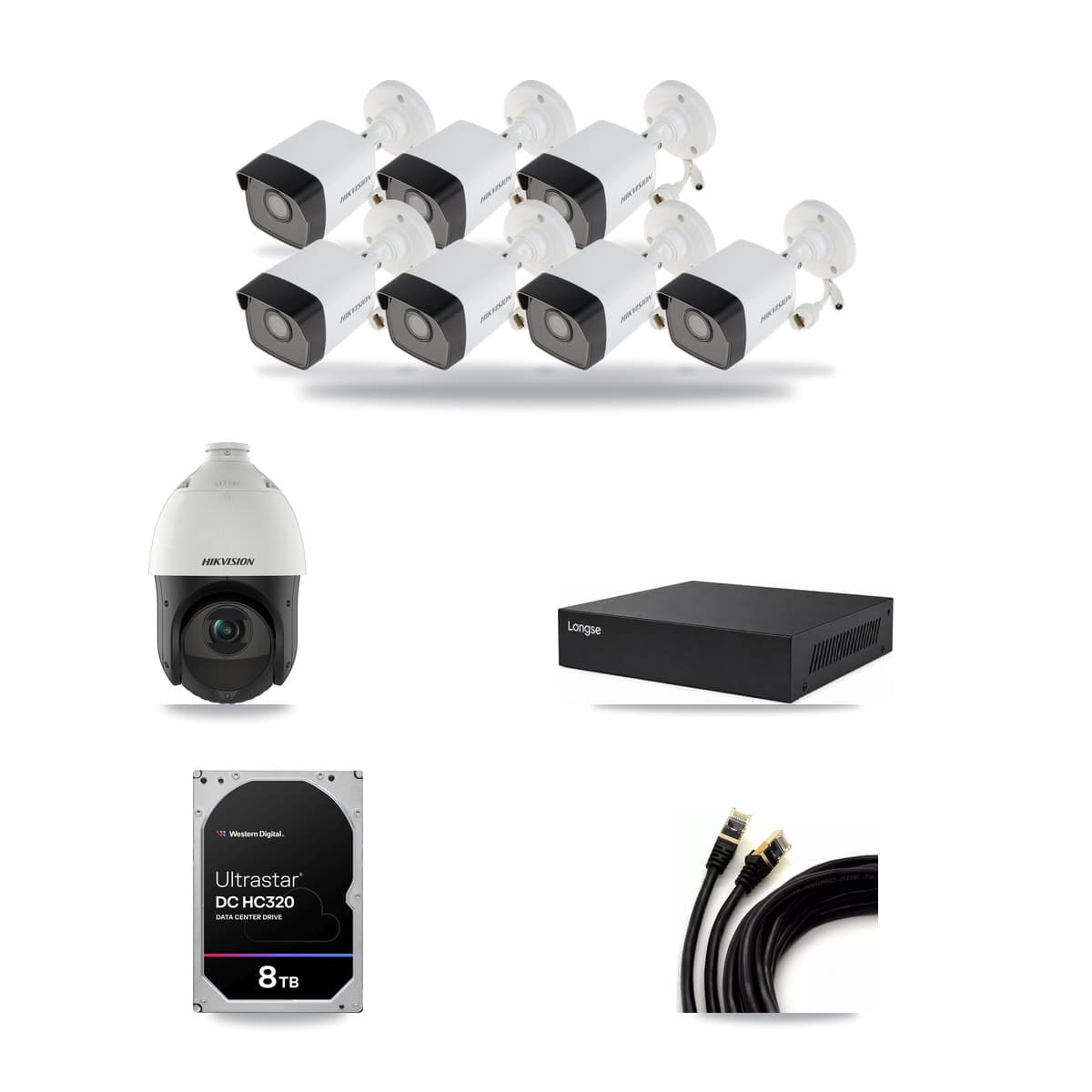 Hikvision & Longse 8-Channel 4MP – 5MP CCTV Kit — 7 5MP Bullet + 1 4MP PTZ Cameras + 8TB Recording - Image 1