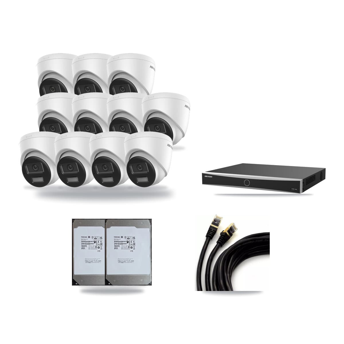 Hikvision 16-Channel 4K CCTV Kit — 11 DS-2CD1383G2-LIUF/SL Turret Cameras + 2× 14TB Recording (DS-7616NXI-K2/16P(E) Recorder) - Image 1