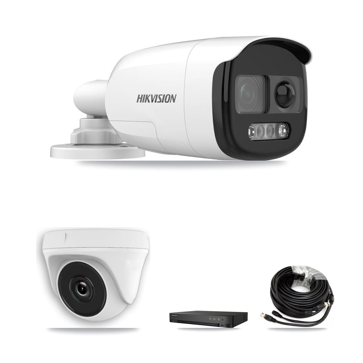 Hikvision 4-Channel 2MP – 5MP CCTV Kit — 1 DS-2CE12KF3T 5MP Bullet + 1 White HDT-2MP-N20W 2MP Dome Cameras + 2TB Recording (IDS-7204HUHI Recorder)