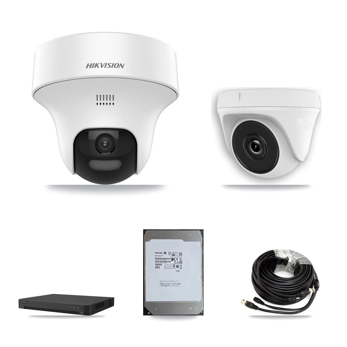 Hikvision 16-Channel 2MP – 5MP CCTV Kit — 7 DS-2CE70K0T 5MP Turret + 1 White HDT-2MP-N20W 2MP Dome Cameras + 14TB Recording