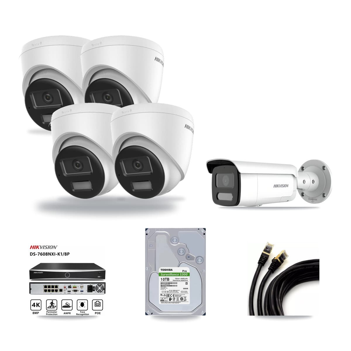 Hikvision 8-Channel 4MP – 4K CCTV Kit — 4 DS-2CD1383G2-LIUF/SL 4K Turret + 1 DS-2CD2T47G2H-LISU/SL 4MP Bullet Cameras + 10TB Recording (DS-7608NXI-K1/8P Recorder) - Image 1