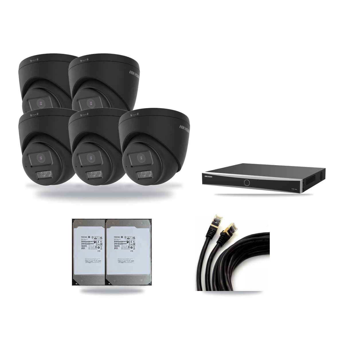 Hikvision 16-Channel 5MP – 4K CCTV Kit — 5 Black 4K Turret + 11 5MP Dome Cameras + 2× 14TB Recording (DS-7616NXI Recorder) - Image 1