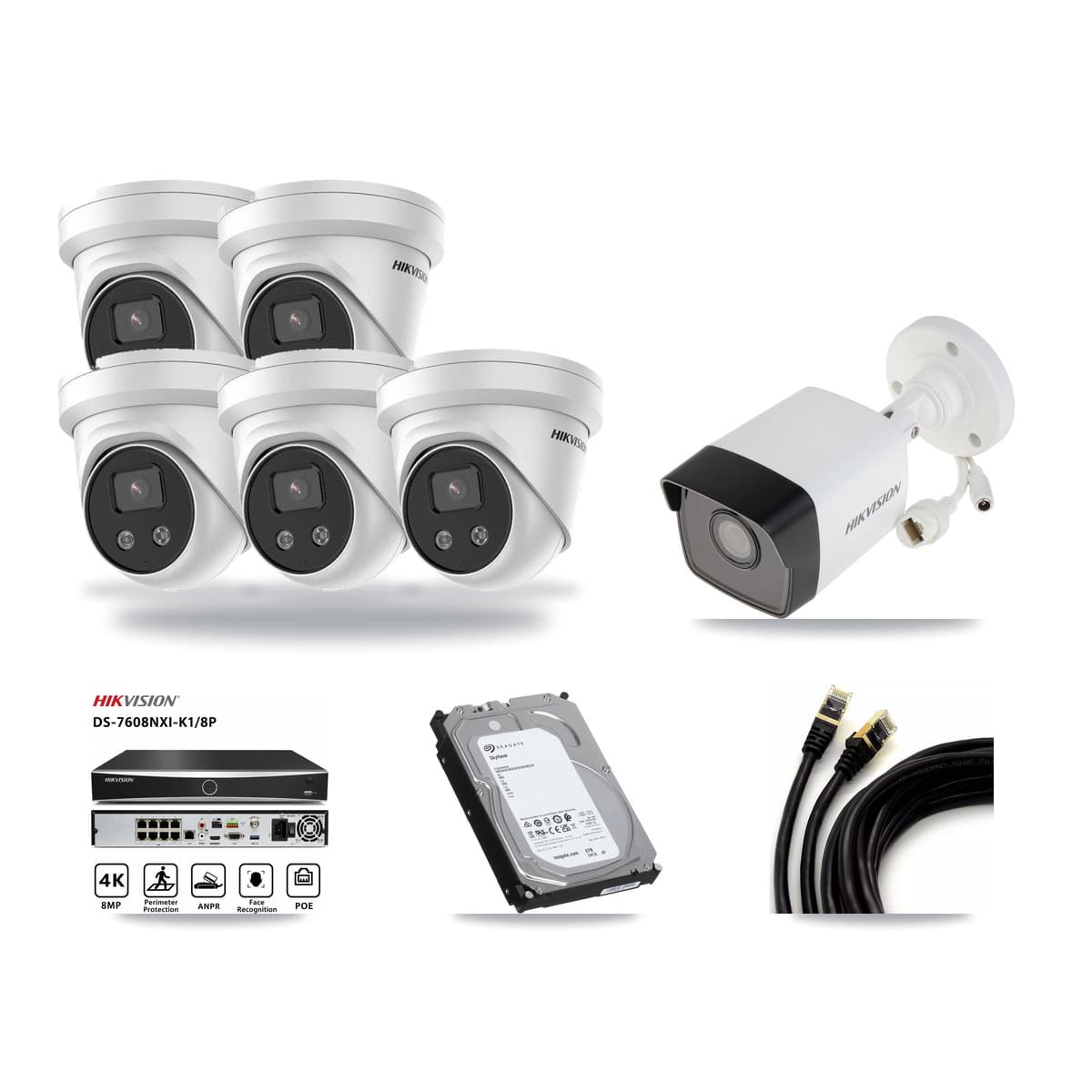 Hikvision 8-Channel 5MP CCTV Kit — 1 Bullet + 5 Turret Cameras + 6TB Recording (DS-7608NXI Recorder) - Image 1