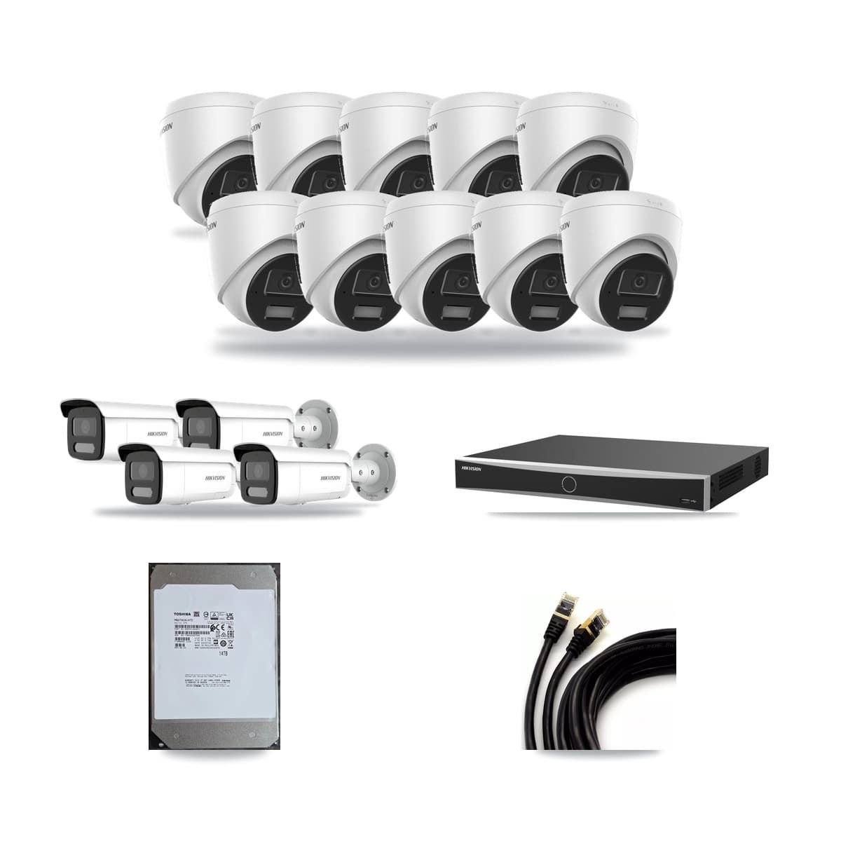 Hikvision 16-channel CCTV kit: 14 cameras (10× 4MP Turret + 4× 4MP Bullet), 14TB hard drive