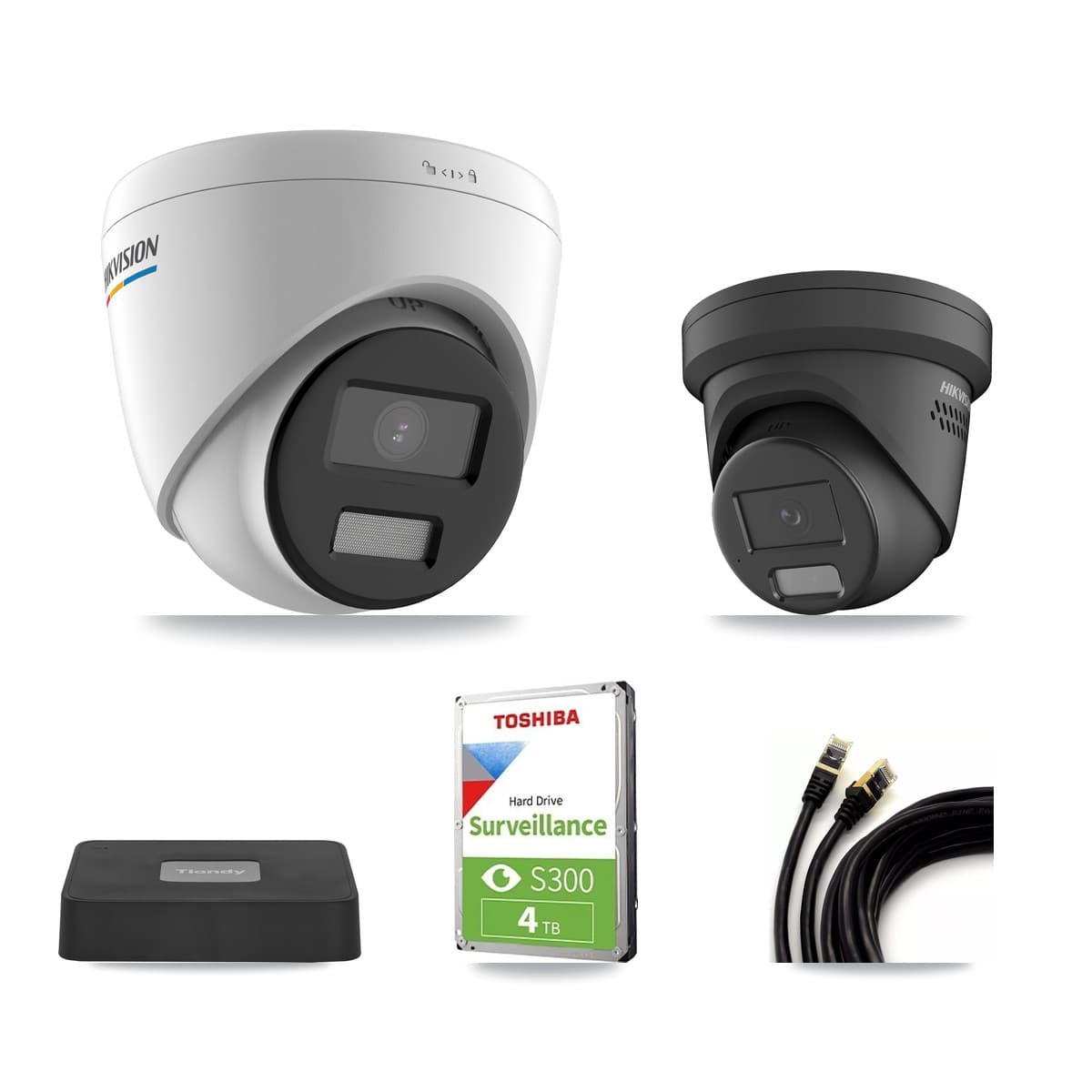 Hikvision & Tiandy 4-Channel 2MP – 4MP CCTV Kit — 2 2MP + 2 Black 4MP Turret Cameras + 4TB Recording